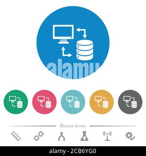Syncronize data with database flat white icons on round color backgrounds. 6 bonus icons included. Stock Vector