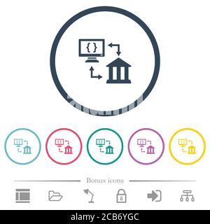 Open banking API flat color icons in round outlines. 6 bonus icons included. Stock Vector