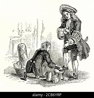 Black and white engraving of a shoeshine boy polishing the shoes of a ...