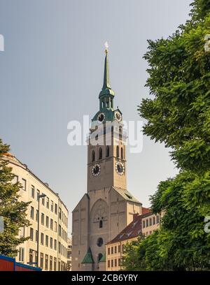 The Clock Tower Alter Peter in Downtown Munich, Germany Stock Photo