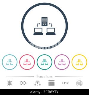 Multiple connections to mail server flat color icons in round outlines. 6 bonus icons included. Stock Vector