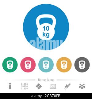 Kettlebel 10 Kg flat white icons on round color backgrounds. 6 bonus icons included. Stock Vector