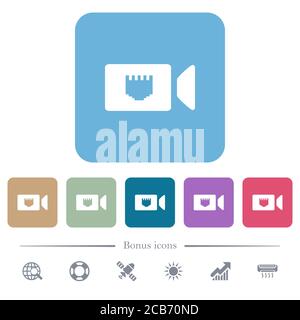 IP camera white flat icons on color rounded square backgrounds. 6 bonus icons included Stock Vector
