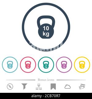 Kettlebel 10 Kg flat color icons in round outlines. 6 bonus icons included. Stock Vector