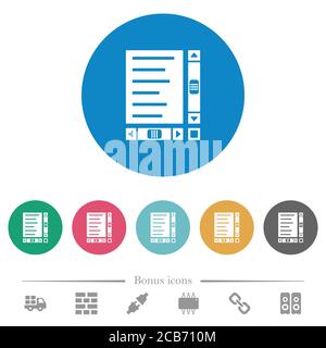Document with content and scroll bars flat white icons on round color backgrounds. 6 bonus icons included. Stock Vector
