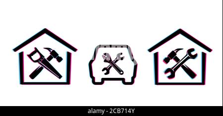 glitch home and car repair icons set Stock Vector