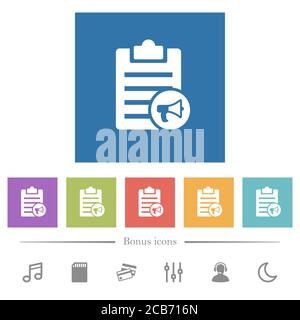Note reading aloud flat white icons in square backgrounds. 6 bonus icons included. Stock Vector