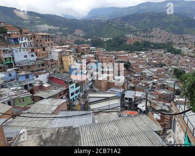Comuna 13 neighborhood - Medellin city colourful slums (favelas). Medellin, Colombia. Stock Photo