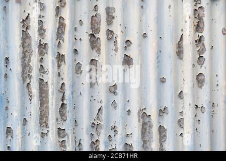 Peeling and faded paint work on an old corrugated iron wall with parallel vertical lines Stock Photo
