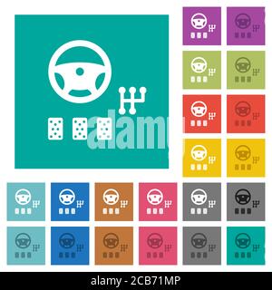 Car controls multi colored flat icons on plain square backgrounds. Included white and darker icon variations for hover or active effects. Stock Vector