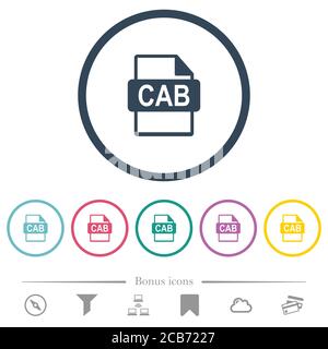 CAB file format flat color icons in round outlines. 6 bonus icons included. Stock Vector