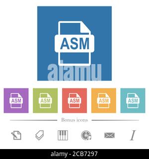 ASM file format flat white icons in square backgrounds. 6 bonus icons included. Stock Vector