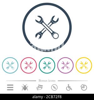 Two wrenches flat color icons in round outlines. 6 bonus icons included. Stock Vector