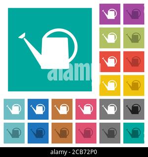 Watering can multi colored flat icons on plain square backgrounds. Included white and darker icon variations for hover or active effects. Stock Vector