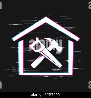 home repair glitch icon saw and hammer Stock Vector