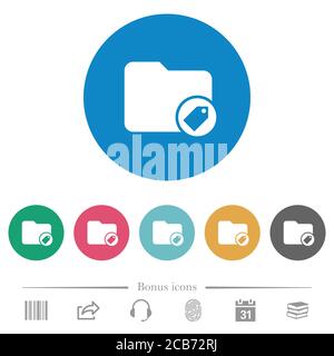 Tagging directory flat white icons on round color backgrounds. 6 bonus icons included. Stock Vector