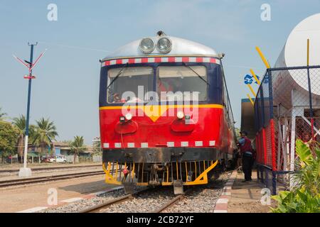 Train bound for Phnom Penh at Battambang Railway station in Battambang, Cambodia. Cambodia has 612km of 1000mm metre gauge rail network. Stock Photo