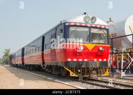 Train bound for Phnom Penh at Battambang Railway station in Battambang, Cambodia. Cambodia has 612km of 1000mm metre gauge rail network. Stock Photo