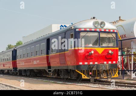 Train bound for Phnom Penh at Battambang Railway station in Battambang, Cambodia. Cambodia has 612km of 1000mm metre gauge rail network. Stock Photo