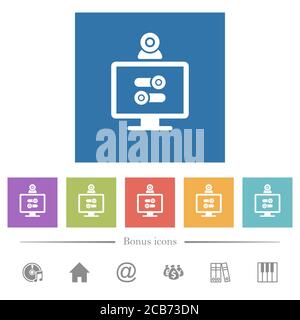 Webcam tweaking flat white icons in square backgrounds. 6 bonus icons included. Stock Vector