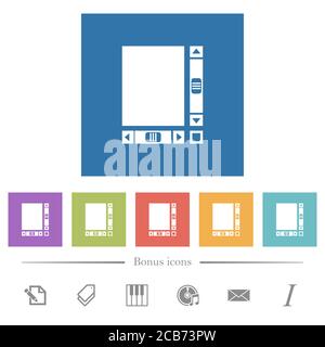 Blank document with scroll bars flat white icons in square backgrounds. 6 bonus icons included. Stock Vector