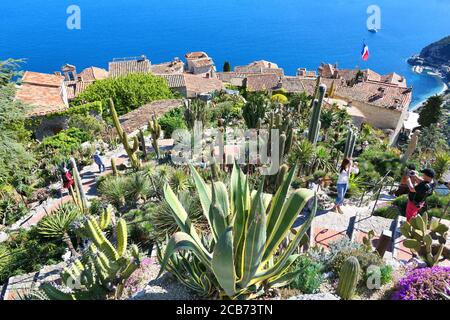 Exotic cactus garden in Eze, Cote d'Azur, France. View from the top of the village. Stock Photo