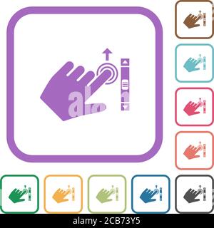 Left handed scroll up gesture simple icons in color rounded square frames on white background Stock Vector