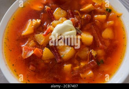 Borshch, traditional Russian and Ukrainian soup close-up. Stock Photo