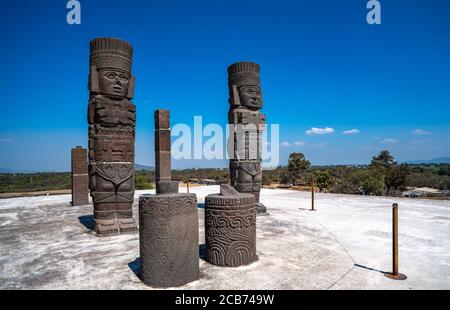 Toltec Warriors or Atlantes columns at Pyramid of Quetzalcoatl in Tula, Mexico Stock Photo