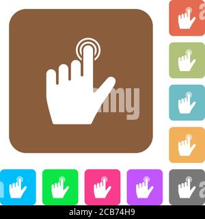 left handed clicking gesture flat icons on rounded square vivid color backgrounds. Stock Vector