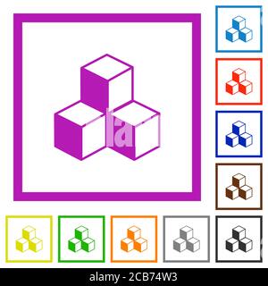 Cubes flat color icons in square frames on white background Stock Vector