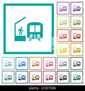 Train station flat color icons with quadrant frames on white background Stock Vector