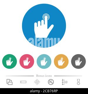left handed clicking gesture flat white icons on round color backgrounds. 6 bonus icons included. Stock Vector