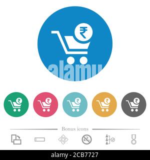 Checkout with Rupee cart flat white icons on round color backgrounds. 6 bonus icons included. Stock Vector