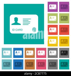 ID card with fingerprint multi colored flat icons on plain square backgrounds. Included white and darker icon variations for hover or active effects. Stock Vector