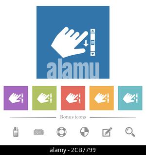 Left handed scroll down gesture flat white icons in square backgrounds. 6 bonus icons included. Stock Vector