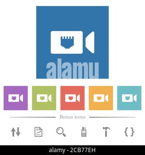 IP camera flat white icons in square backgrounds. 6 bonus icons included. Stock Vector