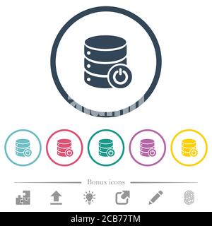 Database main switch flat color icons in round outlines. 6 bonus icons included. Stock Vector
