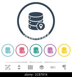 Database location flat color icons in round outlines. 6 bonus icons included. Stock Vector