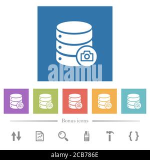 Database snapshot flat white icons in square backgrounds. 6 bonus icons included. Stock Vector