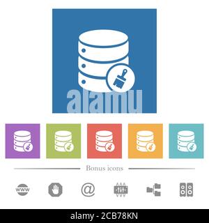 Database paste data flat white icons in square backgrounds. 6 bonus icons included. Stock Vector