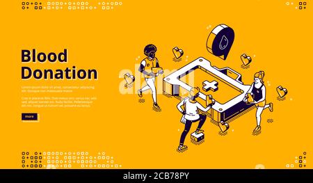 Blood donation isometric landing page, donor experience, lifeblood transfusion healthcare concept with tiny volunteer people bringing hearts to huge medical toolbox, 3d vector line art web banner Stock Vector