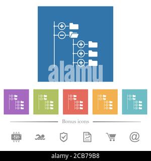 Directory browser flat white icons in square backgrounds. 6 bonus icons included. Stock Vector