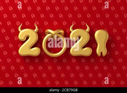2021 With Numbers As Bull Horns, Hoof And Nose Ring On Red Background. Concept Of Chinese New Year Of The Ox. 3D Illustration. Stock Photo