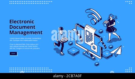Electronic document management banner. Online paperwork storage, digital system of paper organization. Vector landing page of manage business documents with isometric people and computer screen Stock Vector