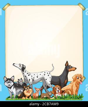 Blank paper with cute dog group set on blue background illustration Stock Vector