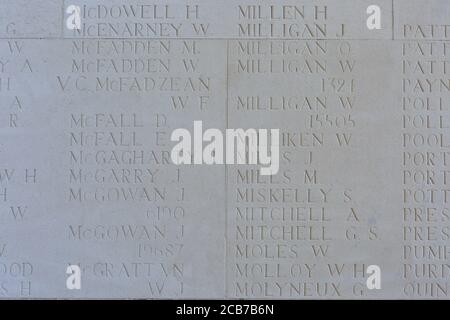 Mention of the Northern Irish VC recipient private William F. McFadzean (1885-1916) at the Thiepval Memorial to the Missing in France Stock Photo