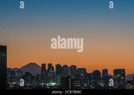 View towards the Shinjuku Skyline and Mount Fuji from the Bunkyo Civic Building Viewing Platform, Tokyo, Japan Stock Photo