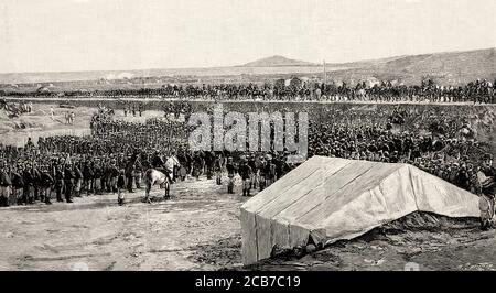 Farewell to the general of the Spanish army Arsenio Martinez Campos y Anton (1831-1900) in the city of Melilla, Spain. Old XIX century engraved illustration from La Ilustracion Española y Americana 1894 Stock Photo