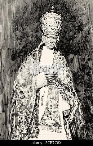 Portrait of pope Leo XIII, Vincenzo Gioacchino Pecci (1810-1903) Pope of the catholic church from 1878-1903. Old XIX century engraved illustration from La Ilustracion Española y Americana 1894 Stock Photo